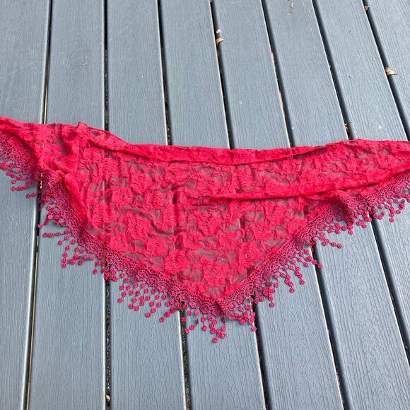 Red floral sheer mesh tassel fringe scarf shawl, romantic whimsigoth Y2K boho - Picture 1 of 5